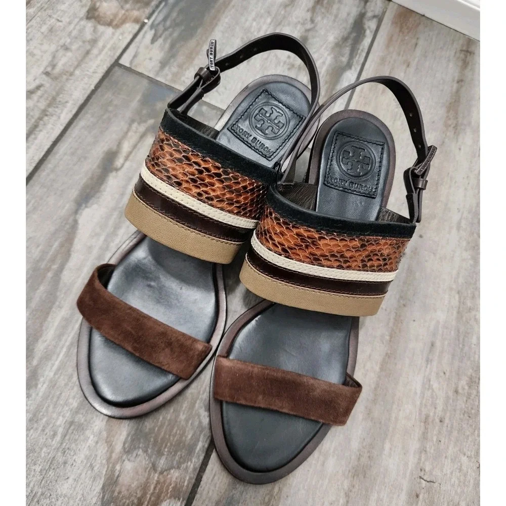 Tory Burch Brown Platform Sandals Snake Embossed Leather Slingback Block